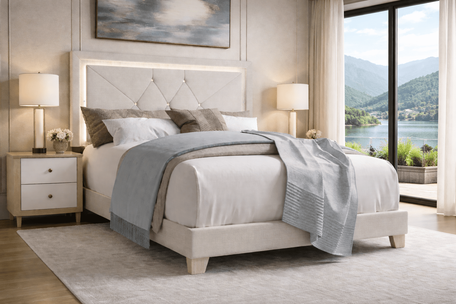 Lit Queen K-Living Bash en lin couleur brume avec éclairage LED, sommier non requis