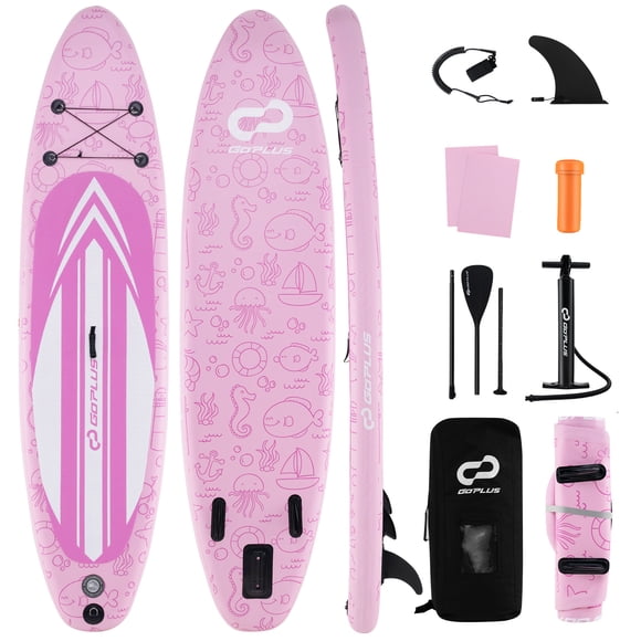 Goplus Large Inflatable SUP Board, Portable Paddle Board with 5D rings Stand Up Paddle Board for Youth & Adult Pink
