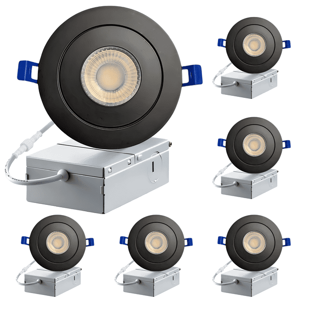 LED 3-Inch Black Gimbal Recessed Slim LED Pot Lights with Junction Box, Dimmable 7W 560LM, 4000K LED Ceiling Downlight, 6-PACK