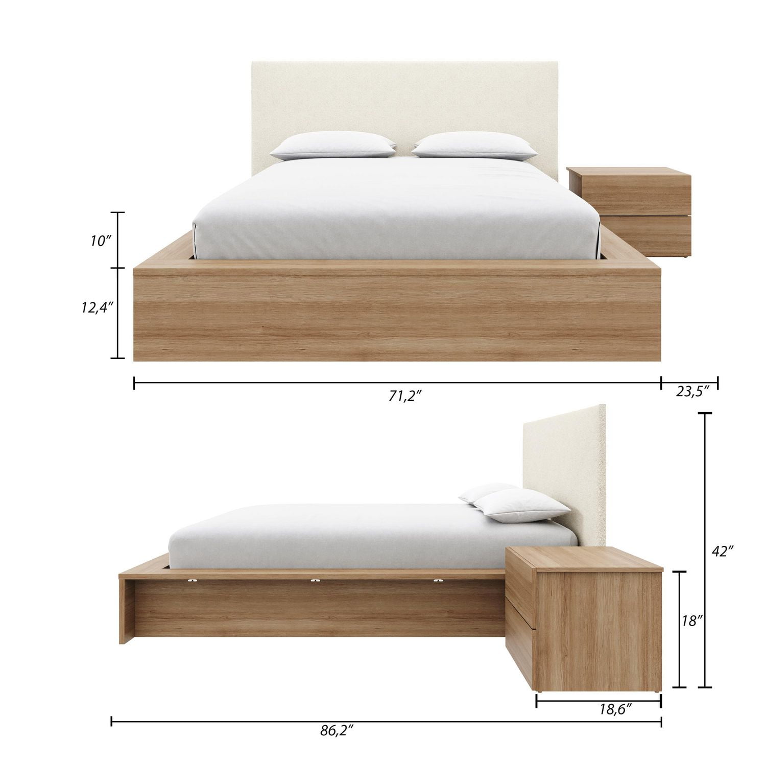 Ensemble de chambre à coucher Jane 3 pièces avec lit queen size, tête de lit rembourrée et table de chevet