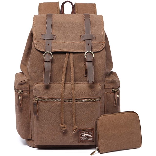 KAUKKO Vintage Casual Canvas and Leather Rucksack Backpack (Canvas Khaki2pc)