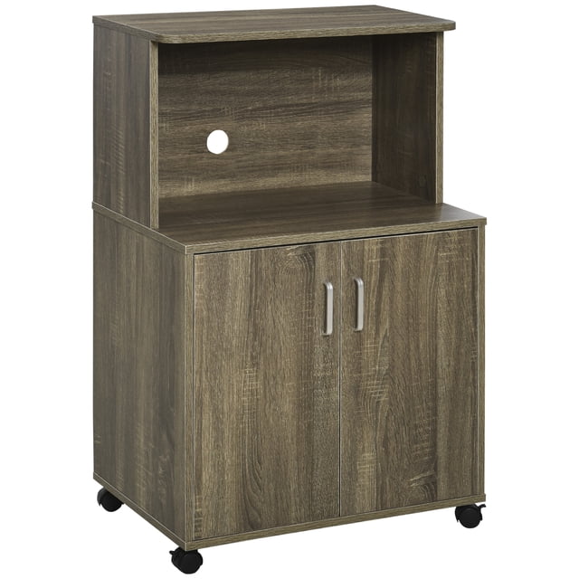 HOMCOM Chariot pour Micro-Ondes sur Roulettes, Chariot Utilitaire avec Rangement, Buffet en Fini grain de Bois Gris. Comprend une section Ouverte Spacieuse avec un Trou de Gestion des Câbles et une Armoire Fermée avec Tablette Intérieure Ajustable. Fait de Panneau de Particules E1 Massif pour la Durabilité, Mesure 23,8 Pouces de Large, 15,9 Pouces de Profondeur et 38,2 Pouces de Haut. Compact et Polyvalent, Convient au Rangement des Micro-Ondes, de la Vaisselle Ou des Fournitures de Cuisine. Comprend Quatre Roulettes pour la Mobilité.