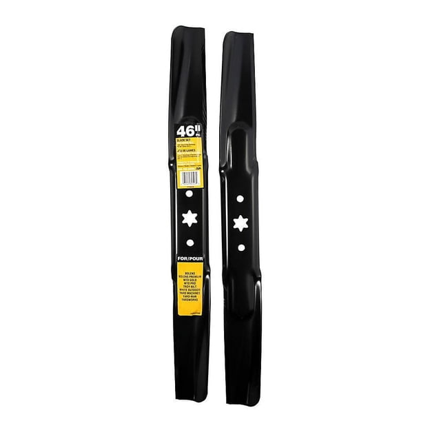 MTD 46-inch Lawn Tractor Blade Set with two black steel blades featuring a 6-point star mounting hole and two round holes, designed for 46 inch decks on MTD lawn tractors from 2010 and newer, suitable for side discharge and bagging applications, includes mounting hardware.