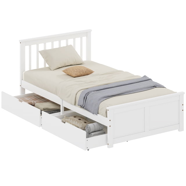 HOMCOM Wood Twin Bed Frame, Pine Platform Bed Frame with Drawers, White