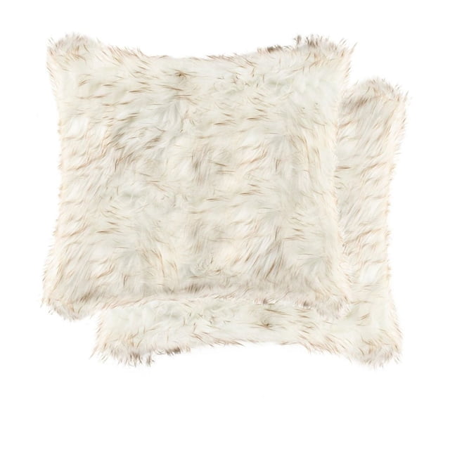 BELTON FAUX FUR PILLOW 18"X18" 2-PACK includes two square, double-sided faux sheepskin pillows in off-white with beige streaks, made from 100% animal-free acrylic plush fibers and polyfil stuffing, providing a thick, soft texture ideal for layering on beds or sofas as cozy decorative accents.