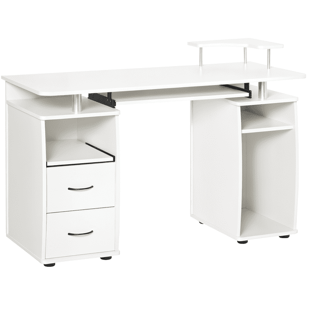 HOMCOM Computer Desk, Writing Desk with Keyboard Tray, CPU Stand, Drawers in a white finish. This multi-functional desk features an elevated printer rack, a slide-out keyboard tray, two spacious drawers, and a CPU shelf. Constructed from durable particle board with melamine facing, it includes wire management holes and easy-to-clean surfaces. Ideal for home offices, dorm rooms, or workspaces, offering ample storage and organization options.