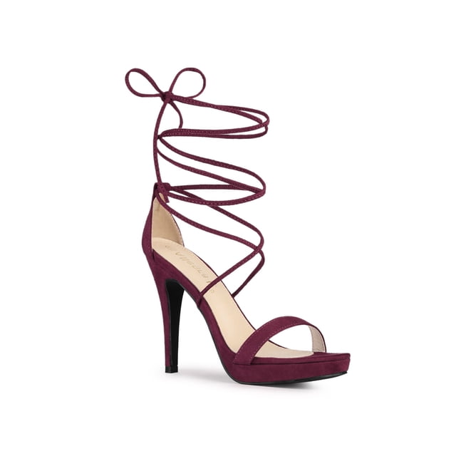 BLISSFUL STEP Sandales pour Femmes Talons Aiguilles Talons Plateforme Sandales à Lacets Bourgogne 7