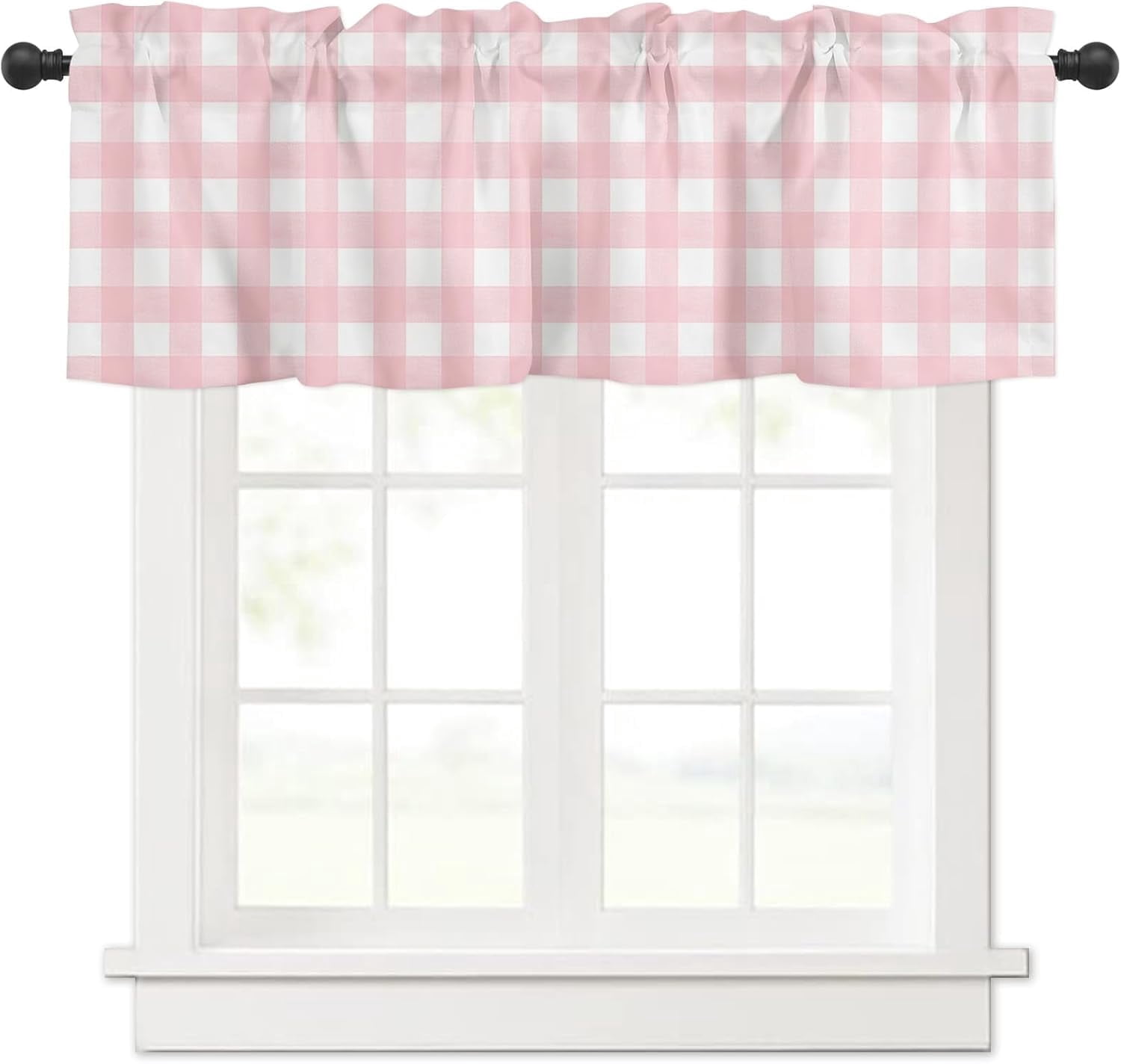 Christmas Valance Curtains for Kitchen Windows Rustic Pink White Buffalo Check Plaid Pattern Rod Pocket Window Treatment Toppers for Kitchen/Living Room/Bedroom/Bathroom, 54" X 18", Farmhouse