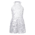 thumbnail image 1 of Yanarno Combinaison Short de Danse pour Filles, Col Licou, Paillettes, Fête de Noël, Rumba Samba, Argent, 8, 1 of 5