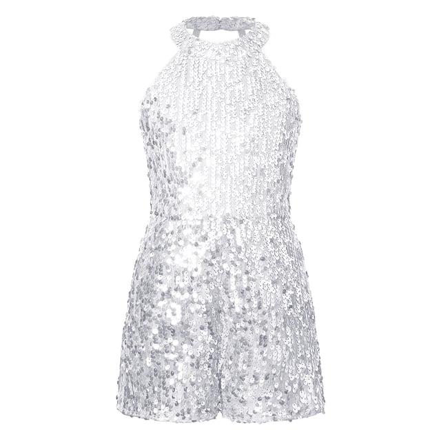 Yanarno Combinaison Short de Danse pour Filles, Col Licou, Paillettes, Fête de Noël, Rumba Samba, Argent, 8