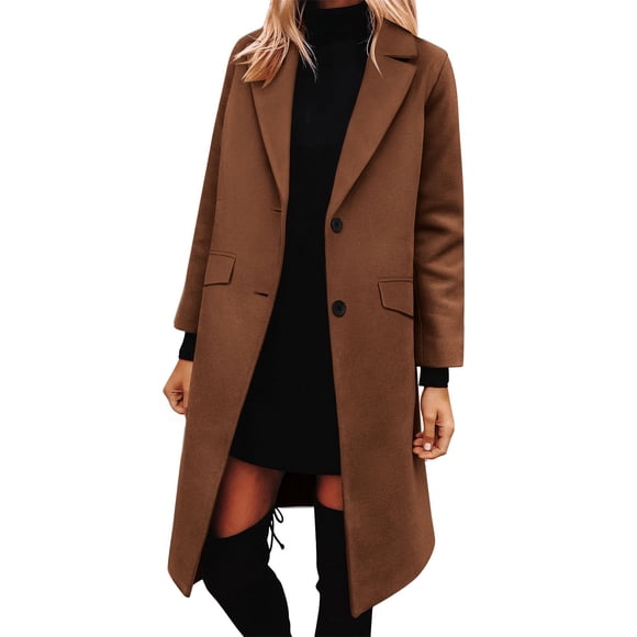NTACZA Wool Womens Coats Long Suit Trench Brown Coat Winter Collared Solid Long Sleeve Jackets Womens Jacket XL