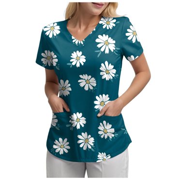 felwors Scrubs Women Comfortable Lightweight Soft Stretch Printed V-Neck Short Sleeve Medical Scrub Top Blue L