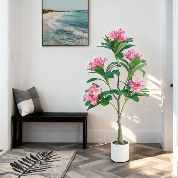 BeesClover Artificial Frangipani Tree 120cm, Silk Fabric + Plastic, Artificial Plant with Pot, Indoor Decoration for Living Room/Entryway, Nordic Style, Maintenance-Free