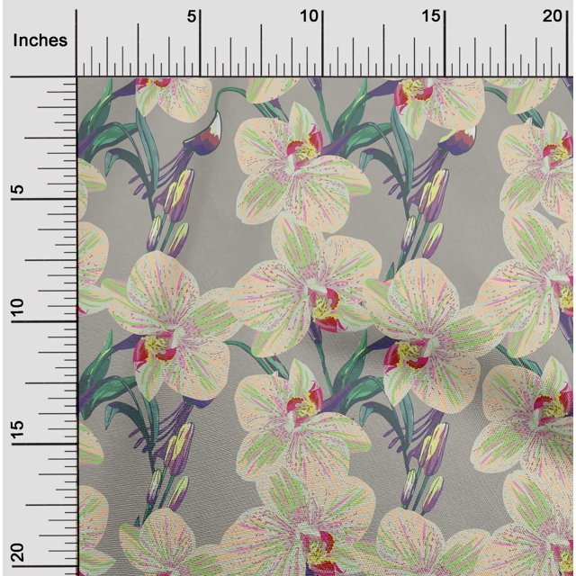 oneOone Silk Tabby Fabric Leaves & Orchids Floral Print Sewing Fabric BTY 42 Inches Wide