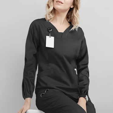 Jsaierl 2024 Fall Scrub Tops for Women Modern V Neck Long Sleeve Shirts Plus Size Loose Fit Working Uniforms Solid Nurse Uniforms with Pockets