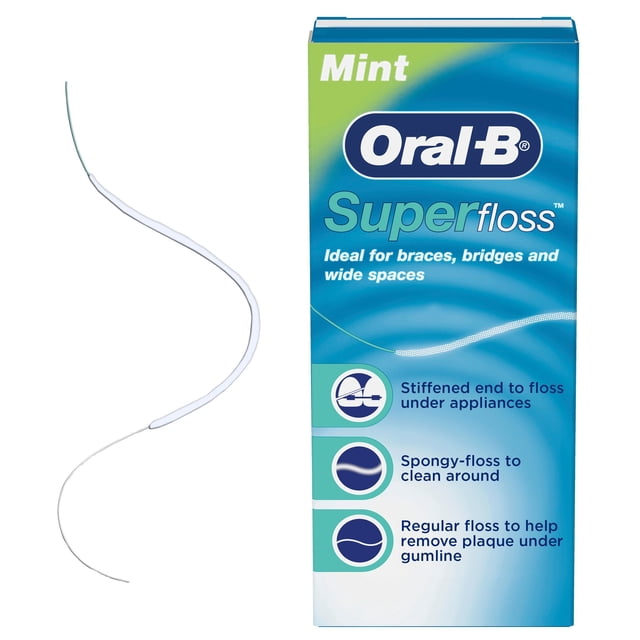 Oral-B Super Floss Pre-Cut Strands Dental Floss in mint flavor, shown with a single white floss strand featuring a stiffened end for flossing under appliances, a spongy section for cleaning around braces and wide spaces, and regular floss to remove plaque under the gumline, next to its blue and green box highlighting use for braces, bridges, and wide spaces.