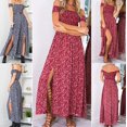 thumbnail image 3 of Women's Boho Off Shoulder Strapless Summer Beach Floral Slit Maxi Dress Red-XL, 3 of 5