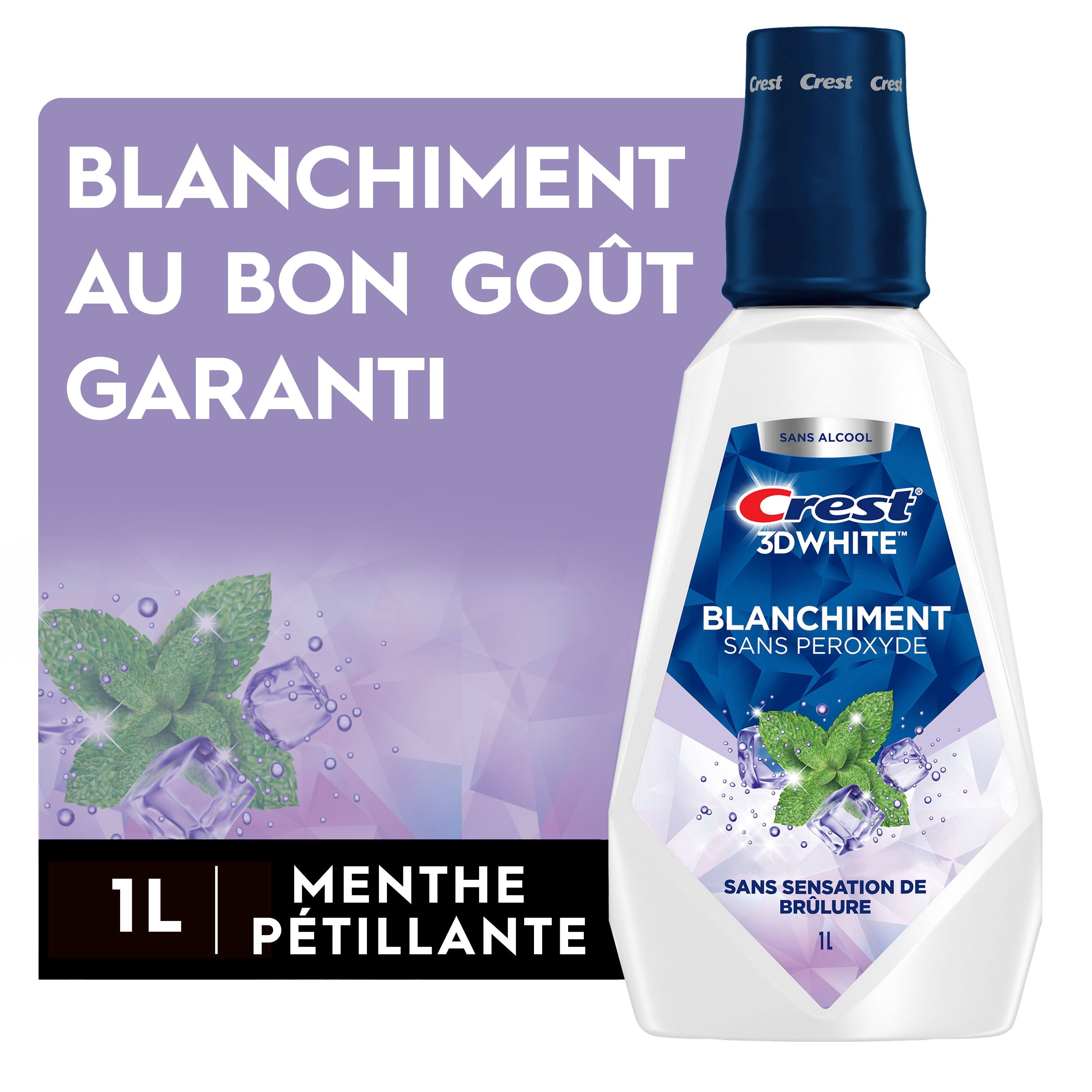 Rince-bouche sans peroxyde Crest3DWhite, blanchissant au goût agréable, garanti, sans alcool, saveur Menthe vive, 1L (33,8ozliq.)