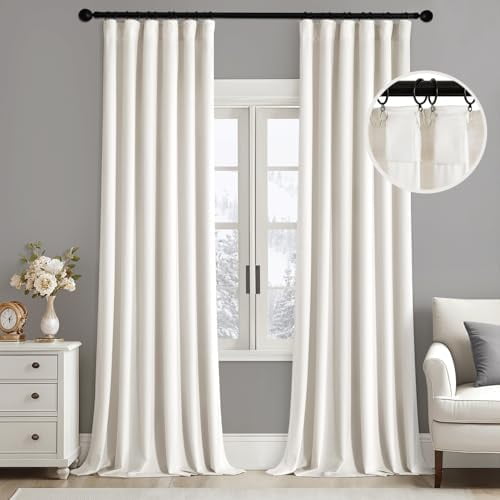 TianQi Velvet Curtains 96 Inches Long 2 Panels Set for Living Room Bedroom Cream Pinch Pleat Back Tab Thermal Insulated Light Blocking Drapes Pleated Blackout Floor to Ceiling Curtains with Hook Ivory