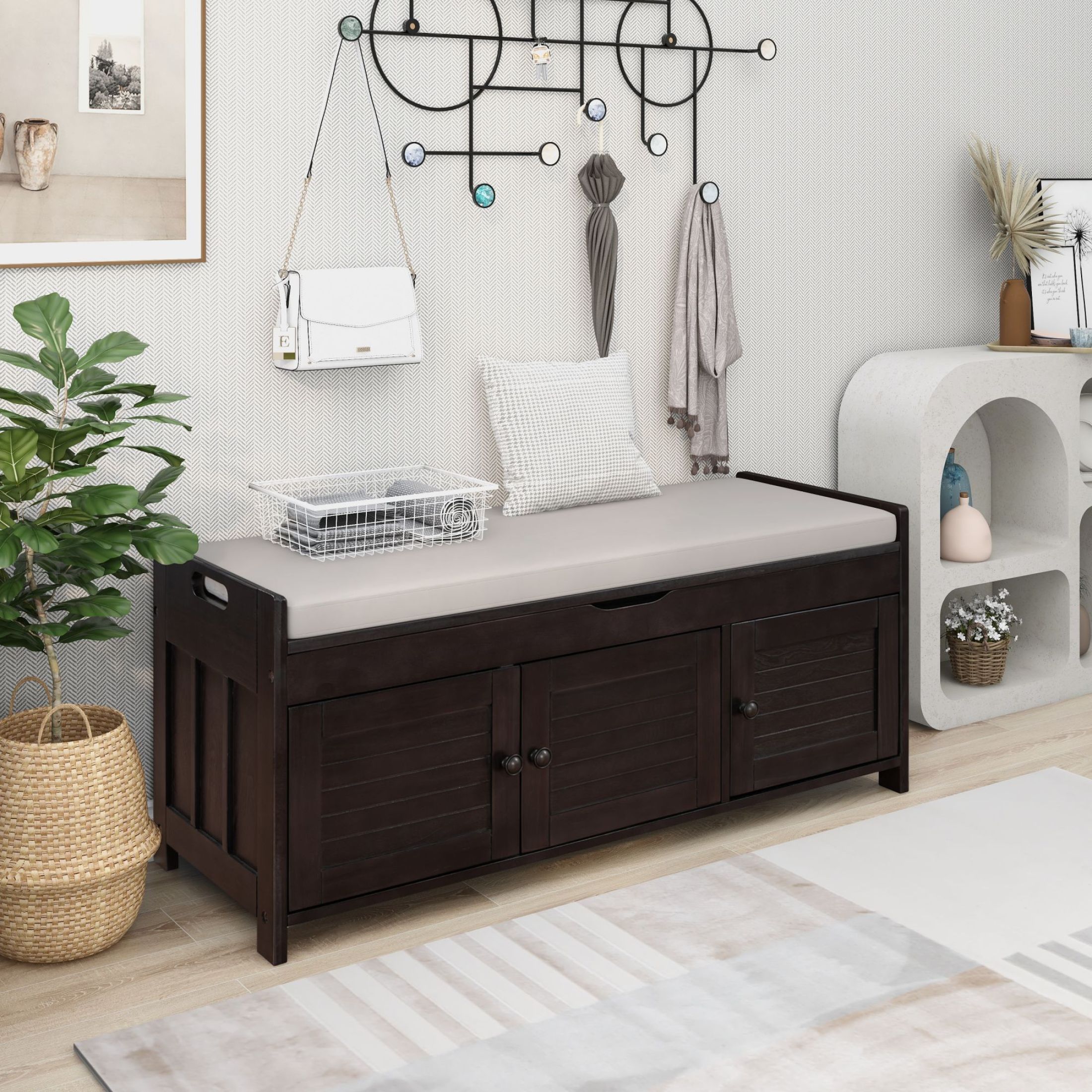 Noble House Banc de Rangement Style Ferme, 3 Portes à Persiennes, Coussin Amovible, Rangement Dissimulé, Espresso