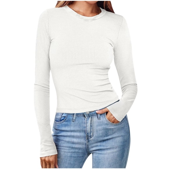 lcziwo Women Long Sleeve Crewneck Pullover Rib Knit Slim Fit Shirts Solid Color Basic Tee 2024 Casual Trendy Sexy T-Shirt White,M