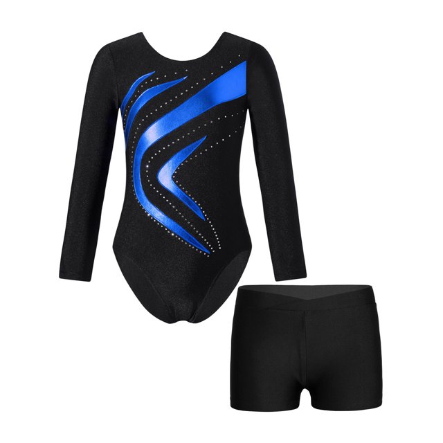 Loodgao Justaucorps de Danse et Gymnastique pour Filles Manches Longues Col Rond avec Short Bleu Royal 6