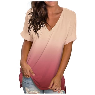 Mefallenssiah T-shirt Ample Décontracté pour Femme à Dégradé, Col en V, Manches Courtes, Rose, TTG
