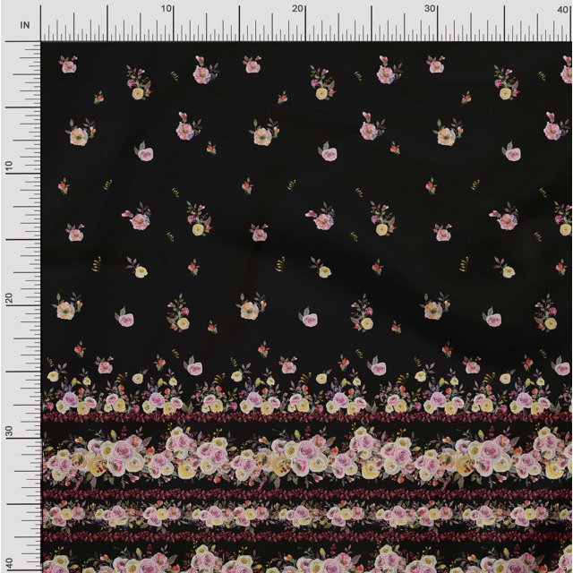Soimoi Black Modal Satin Fabric Floral Panel Print Sewing Fabric BTY 42 Inch Wide