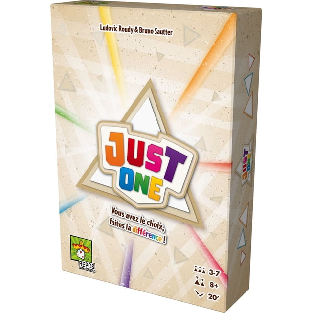 Just One cooperative party card game box with colorful logo on beige speckled background and large triangle, featuring multicolored rays, designed for 3 to 7 players aged 8 and up with 20-minute playtime, ideal for kids and family card games by Repos Production.