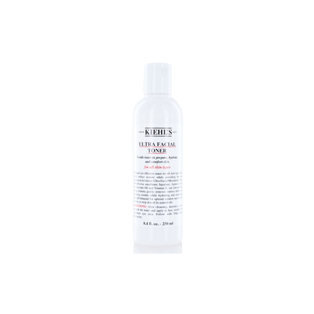 Kiehl's Ultra Facial Toner - pour Tous les Types de Peau 8.4oz (250ml) dans une Bouteille Blanche avec Texte Noir et Rouge. Ce Toner Facial Doux Sans Alcool Hydrate, Tonifie et Affine la texture de la Peau, avec des Émollients comme le squalane, l'Huile de Noyau d'Abricot, l'Huile d'Avocat et la Vitamine E. Idéal pour Enlever les Débris et les Résidus Sans Décaper la Peau, Convient à Tous les Types de Peau.