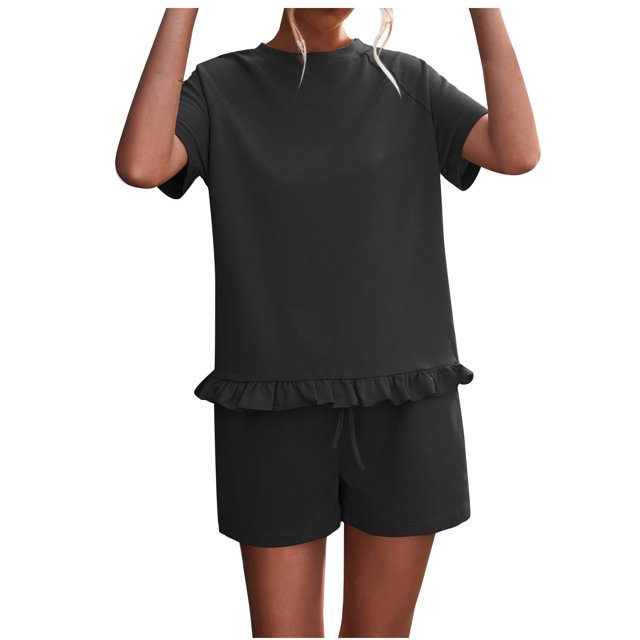 Birdeem Womens Spring and Summer Plain Round Neck Ruffle Short Sleeve Shorts Casual Suit