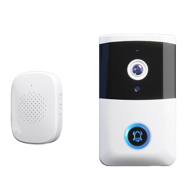 Bdday Sonnette Intelligente Télécommande Sans Fil Vidéo Sonnette avec un design Élégant Noir et Blanc. les Fonctionnalités Incluent une Caméra HD avec un angle de vision de 65°, un Bouton Bleu Illuminé et une machine ding-dong Interne Séparée. Prend en Charge le Wi-Fi 2,4 GHz, intercom Bidirectionnel, vision Nocturne HD et une Batterie rechargeable de 800 mAh. Comprend un Câble de Chargement Type-C et un Manuel.