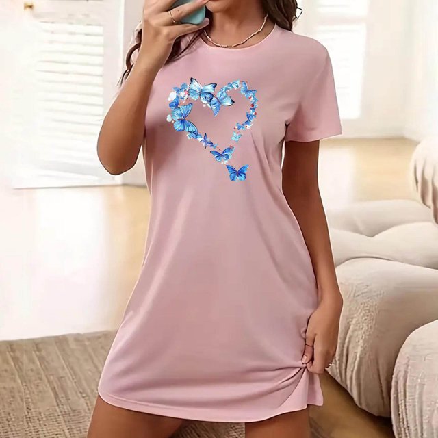Mefallenssiah Chemise de Nuit Courte Surdimensionnée pour Femmes Mode Imprimé Poitrine Manches Courtes