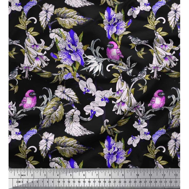 Soimoi Purple Polyester Crepe Fabric Bird,Leaves & Orchids Flower Decor Fabric Printed BTY 42 Inch Wide