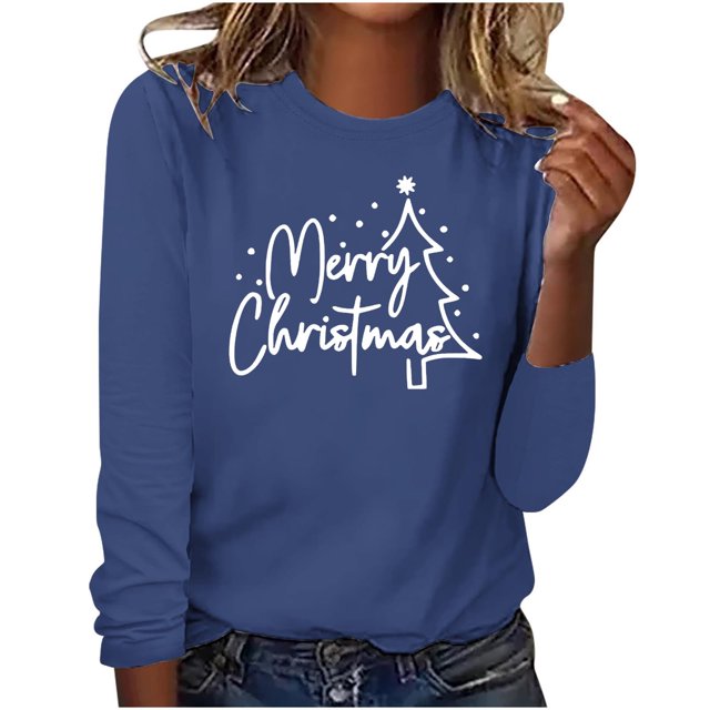 Timegard Womens Tops Merry Christmas Print Long Sleeve Crewneck Pullover Casual Loose Comfy Tops Fall