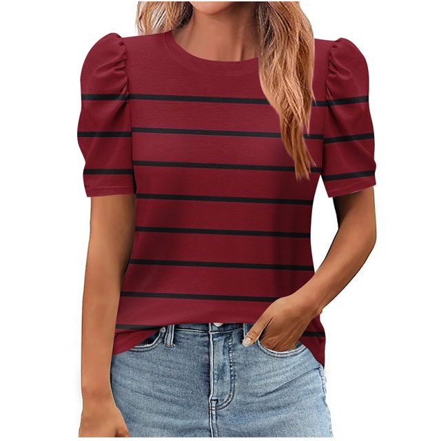 Pisexur Hauts pour Femmes, Hauts de Sortie pour Femmes & T-Shirt à Manches Courtes Col Rond Imprimé Haut Ample, Hauts de Printemps pour Femmes Vin, 2TG