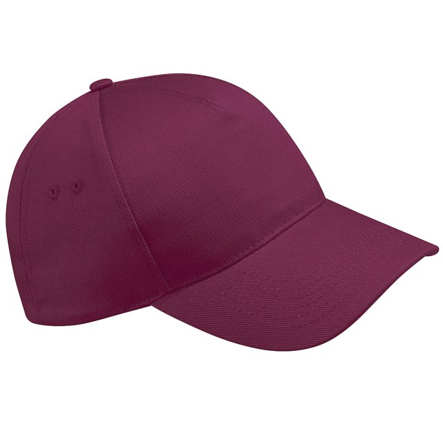 Beechfield Ultimate 5 Panel Baseball Cap made from 100% cotton drill in a solid burgundy color. Features a 5-panel design, pre-curved peak, stitched ventilation eyelets, and a rip-strip closure. Suitable for embroidery and printing.