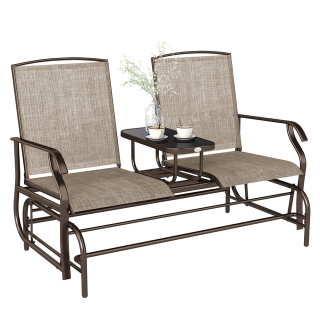 Outsunny Banc à Bascule d'Extérieur avec Table, Chaise à Glissière pour 2 en Tissu Lin et Cadre en Acier Brun. Ce Siège de patio Résistant aux Intempéries Comprend Deux Sièges en Maille Respirante avec Accoudoirs et Dos Hauts, Connecté par une Table en Verre Trempé Noir Effet Soie pour un placement Pratique d'Articles comme des Boissons Ou des Collations. Conçu pour un Mouvement Fluide de va-et-Vient, Il Est Idéal pour une Utilisation Extérieure dans les Jardins, patios Ou Terrasses.