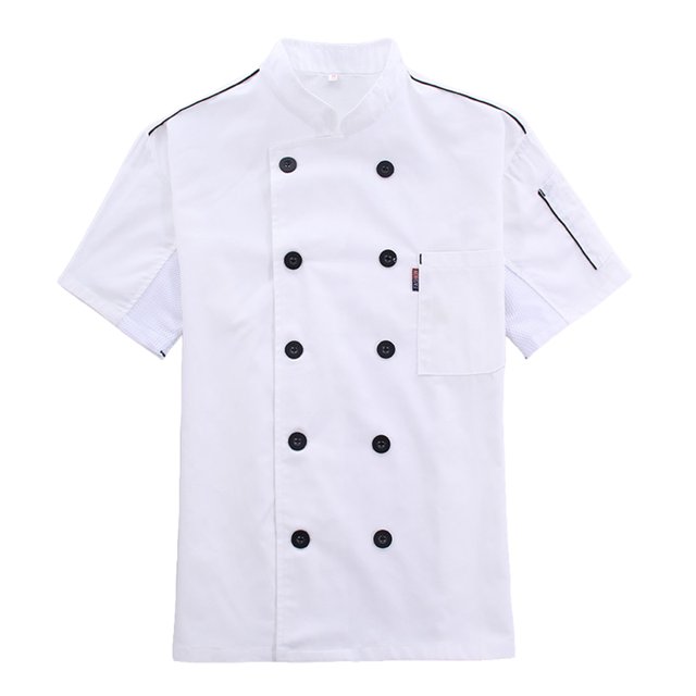 Chef Coat Short Sleeve with Buttons Pockets Cook Jacket Chic Cooking Work Wear Uniform Costume for Restaurant Hotel Cafe Kitchen White M
