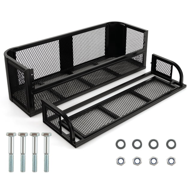 Costway ATV UTV Universal Rear Drop Basket Rack made of durable steel with a black powder-coated finish. The basket features mesh sides and a lightweight design, measuring 14''x41''x12.6''. Includes mounting hardware and bolts for easy installation, suitable for carrying buckets, coolers, and gear on ATVs or UTVs.