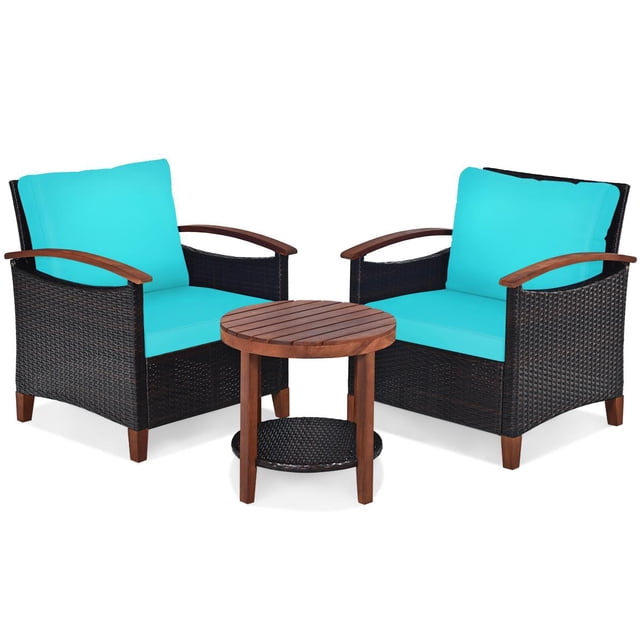 Giantex 3 Pieces Patio Furniture Set, Outdoor Rattan Sofa and Side Table w/Solid Acacia Wood Frame, High Load Bearing Conversation Bistro Set w/Washable and Removable Cushions
