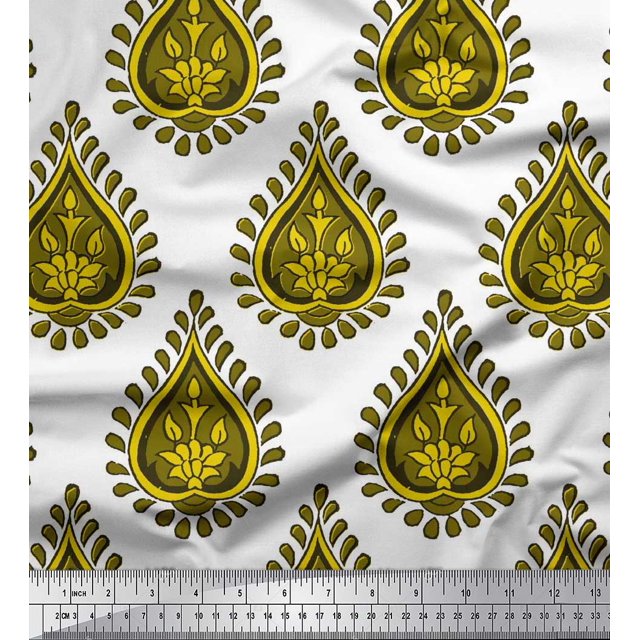 Soimoi Yellow Heavy Satin Fabric Floral Block Fabric Prints By Yard 54 Inch Wide