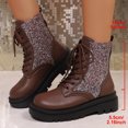 thumbnail image 3 of Pandaie Rhinestone Combat Boots Women Military Motorcycle Riding Booties Platform Lace up Chunky Heel Ankle Boots Brown 6.5, 3 of 8