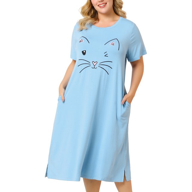 Agnes Orinda Nuisettes pour Femmes Grande Taille Fête des Mères Col Rond Manches Courtes Robe de Nuit Imprimé Chats Pyjamas Détente Maison avec Poche 3X Bleu Clair