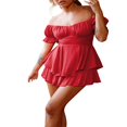 thumbnail image 3 of Women Boho Romper Off Shoulder Double Layer Ruffle Hem Chiffon Short Fairy Princess Mini Dress Jumpsuit Playsuits Black L, 3 of 7