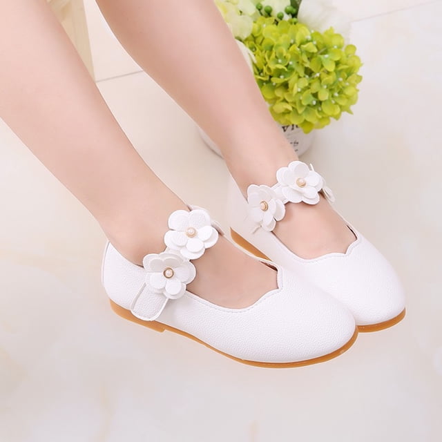 Children Kid Baby Girls Solid Flower Student Single Soft Dance Princess Shoes in white, featuring a PU upper material with a soft texture and a charming floral design on the hook-and-loop closure. The shoes have a rubber sole with an anti-slip design, suitable for toddlers and little kids aged 15 months to 11.5 years. Ideal for casual, fashion, or party occasions.