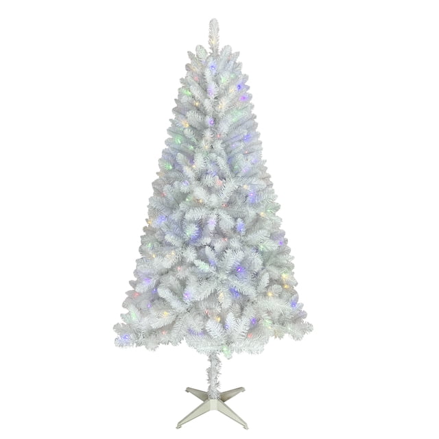 6.5-foot white pre-lit artificial Christmas tree with multicolored LED lights on a metal stand.