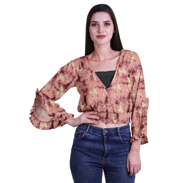 Moomaya Haut Court Imprimé pour Femmes Style Portefeuille Haut à Volants Manches Longues Blouse Décontractée d'Été