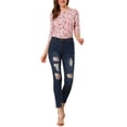 thumbnail image 2 of INSPIRE CHIC Hauts pour Femmes Non Doublés Col Rond Manches au Coude Coupe Ajustée T-Shirt Décontracté TP Blanc-Floral, 2 of 7