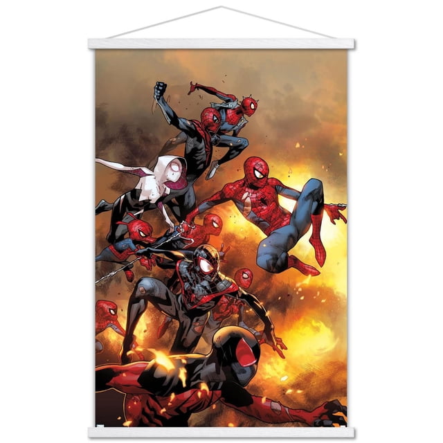 Marvel Comics - Spider-Verse - The Amazing Spider-Man #13 Affiche Murale, 22,375 Pouces x 34 Pouces Encadrée Présentant Plusieurs Personnages Spider-Man en Costumes Rouges, Noirs et Blancs dans des poses d'Action Dynamiques sur un Fond orange Ardent, Imprimée avec une Finition Satinée et un Cadre Léger avec Accroche-Dents de Scie, art Mural Idéal pour la Déco de la Maison et Convient aux Chambres, Bureaux Ou Dortoirs.